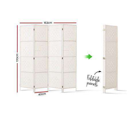 Rattan 4 Panel Foldable Wooden Room Divider - White Artiss