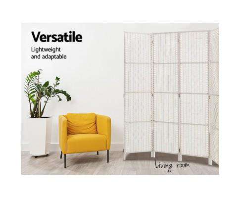 Rattan 4 Panel Foldable Wooden Room Divider - White Artiss