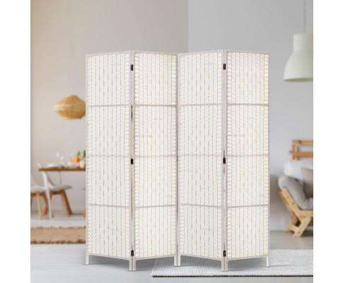 Rattan 4 Panel Foldable Wooden Room Divider - White Artiss