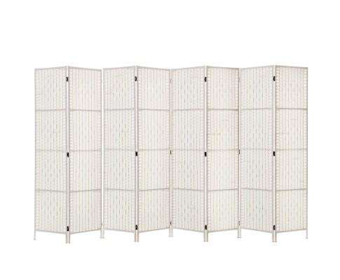 8 Panels Room Divider Screen Privacy Rattan Timber Fold Woven Stand - White Artiss