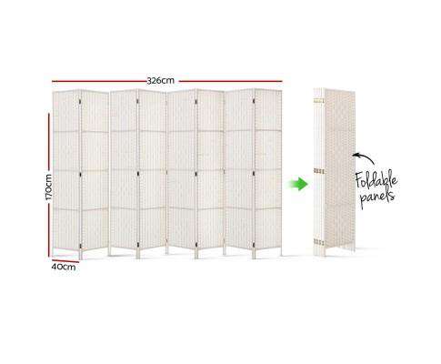 8 Panels Room Divider Screen Privacy Rattan Timber Fold Woven Stand - White Artiss