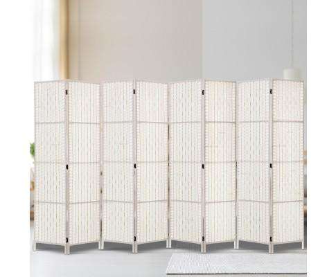 8 Panels Room Divider Screen Privacy Rattan Timber Fold Woven Stand - White Artiss
