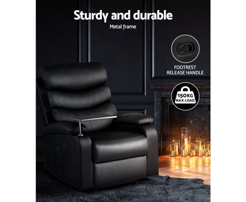 Recliner Chair Armchair Lounge Sofa Chairs Couch Leather Black Tray Table Artiss