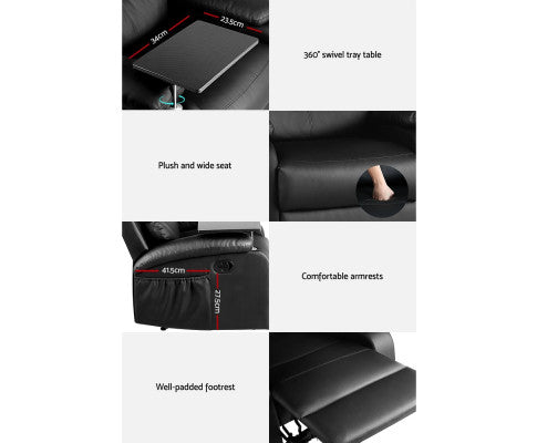 Recliner Chair Armchair Lounge Sofa Chairs Couch Leather Black Tray Table Artiss