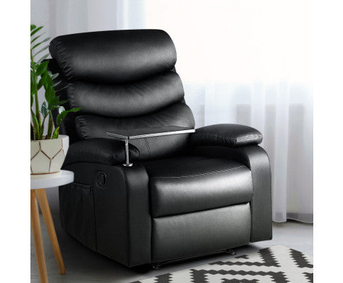Recliner Chair Armchair Lounge Sofa Chairs Couch Leather Black Tray Table Artiss