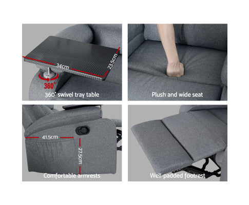 Recliner Chair Lounge Sofa Armchair Chairs Couch Fabric Grey Tray Table Artiss