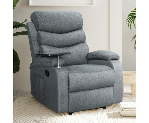 Recliner Chair Lounge Sofa Armchair Chairs Couch Fabric Grey Tray Table Artiss