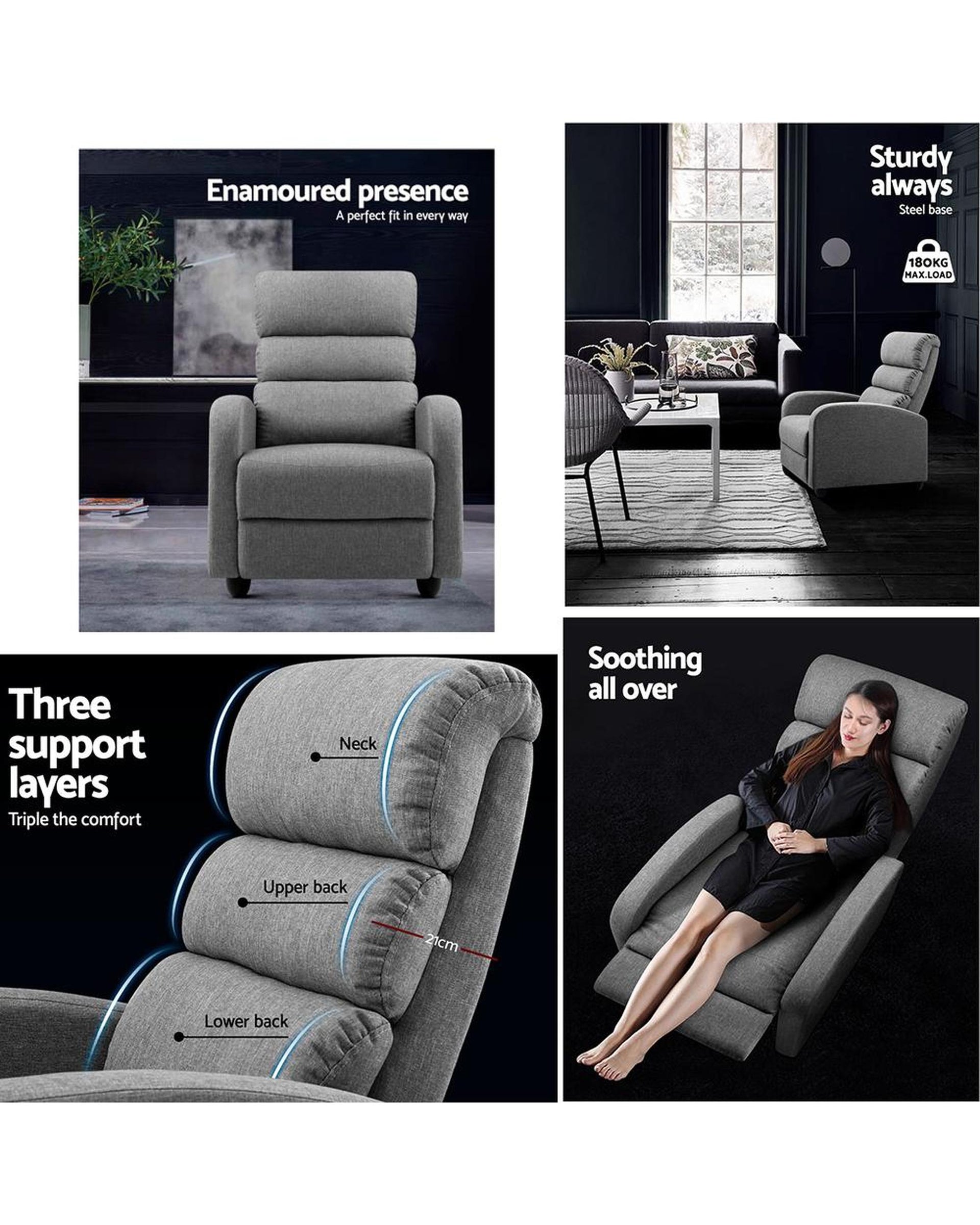 Luxury Recliner Chair Chairs Lounge Armchair Sofa Fabric Cover Grey Artiss