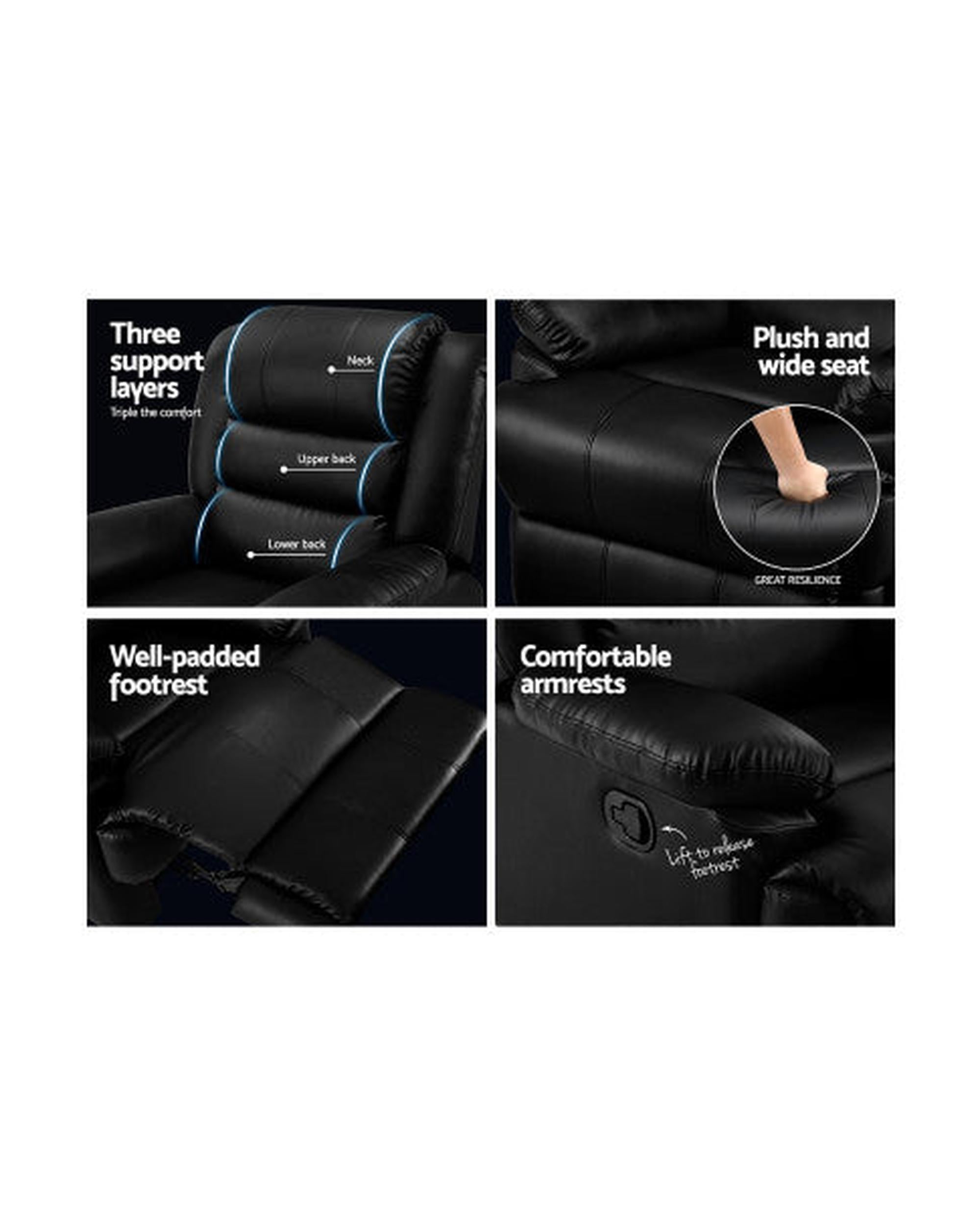 Recliner Chair Armchair Luxury Single Lounge Sofa Couch Leather Black Artiss