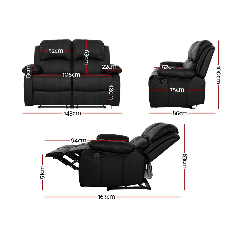 Recliner Chair 2-Seater Premium Leather Double Lounge Sofa Couch Black Artiss