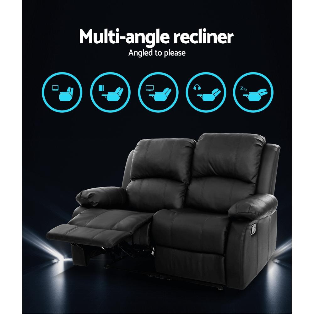 Recliner Chair 2-Seater Premium Leather Double Lounge Sofa Couch Black Artiss