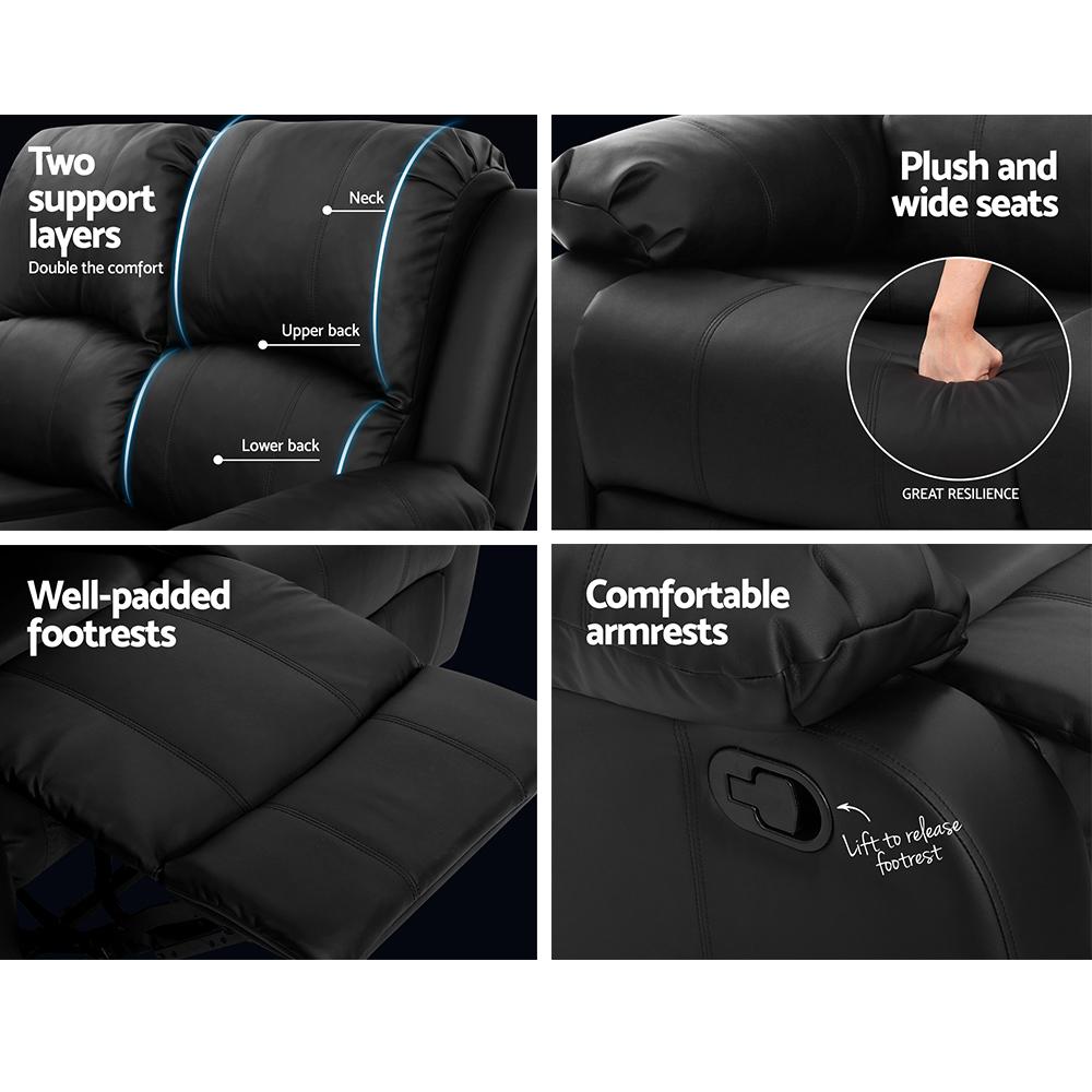 Recliner Chair 2-Seater Premium Leather Double Lounge Sofa Couch Black Artiss