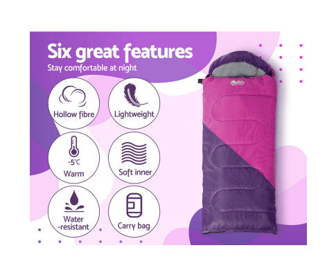 Sleeping Bag Bags Kid 172cm Camping Hiking Thermal Pink Weisshorn