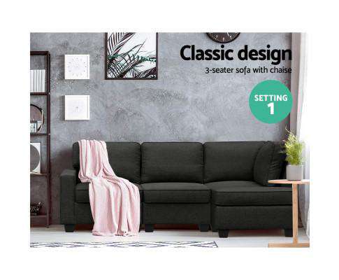 Sofa Lounge Set 4 Seater Modular Chaise Chair Couch Fabric Dark Grey Artiss