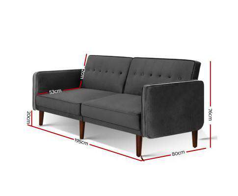 Sofa Bed Lounge 3 Seater Futon Couch Recline Chair Wood 195cm Velvet Dark Grey Artiss