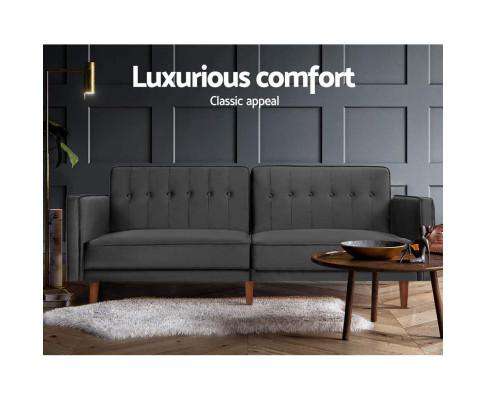 Sofa Bed Lounge 3 Seater Futon Couch Recline Chair Wood 195cm Velvet Dark Grey Artiss