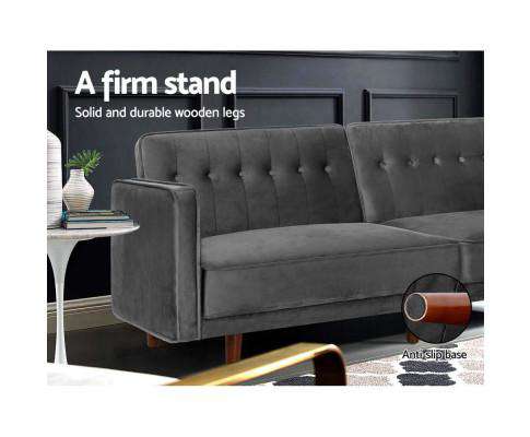 Sofa Bed Lounge 3 Seater Futon Couch Recline Chair Wood 195cm Velvet Dark Grey Artiss