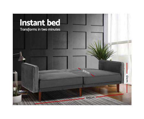 Sofa Bed Lounge 3 Seater Futon Couch Recline Chair Wood 195cm Velvet Dark Grey Artiss