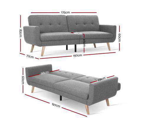 Sofa Bed Lounge Set Couch Futon 3 Seater Fabric Reliner 197cm Grey Artiss
