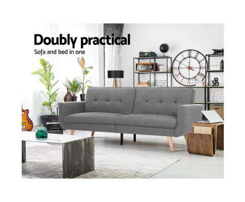 Sofa Bed Lounge Set Couch Futon 3 Seater Fabric Reliner 197cm Grey Artiss