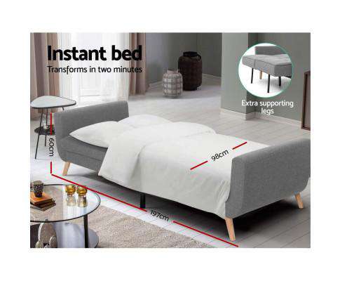 Sofa Bed Lounge Set Couch Futon 3 Seater Fabric Reliner 197cm Grey Artiss