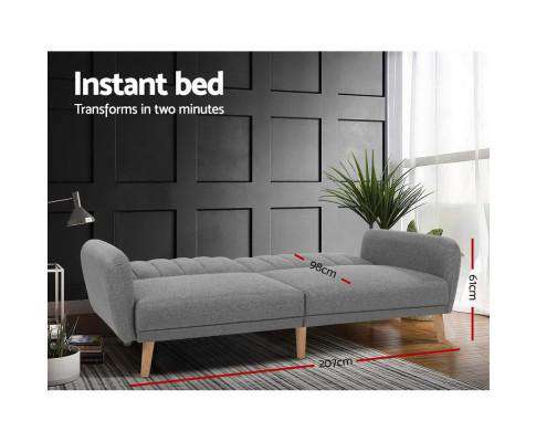 Sofa Bed Lounge 3 Seater Futon Couch Recline Chair Wooden 207cm Fabric - Grey Artiss