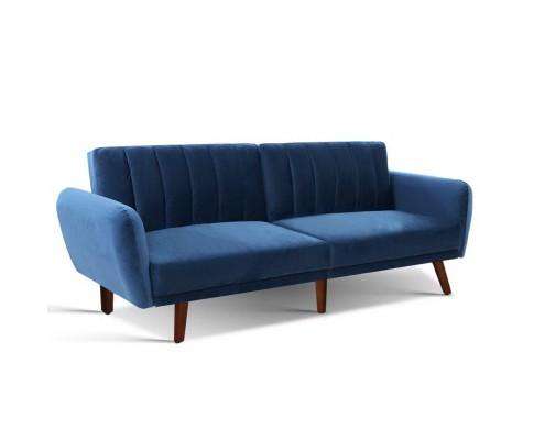 Sofa Bed Lounge 3 Seater Futon Couch Recline Chair Wooden 207cm Velvet - Blue Artiss