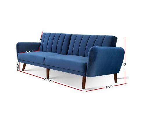 Sofa Bed Lounge 3 Seater Futon Couch Recline Chair Wooden 207cm Velvet - Blue Artiss