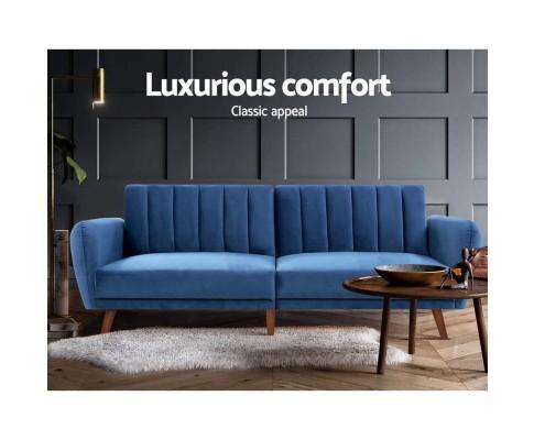Sofa Bed Lounge 3 Seater Futon Couch Recline Chair Wooden 207cm Velvet - Blue Artiss