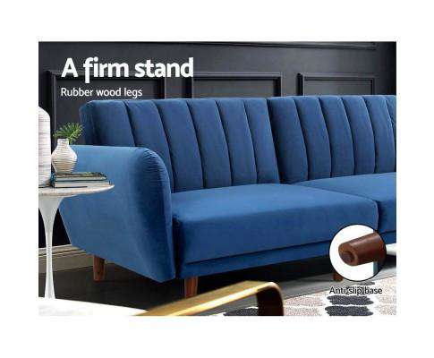 Sofa Bed Lounge 3 Seater Futon Couch Recline Chair Wooden 207cm Velvet - Blue Artiss