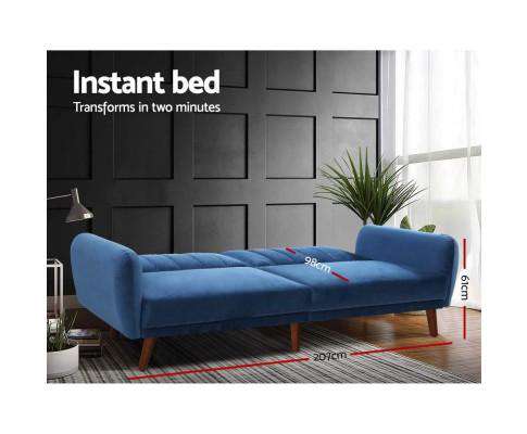 Sofa Bed Lounge 3 Seater Futon Couch Recline Chair Wooden 207cm Velvet - Blue Artiss