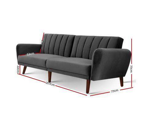 Sofa Bed Lounge 3 Seater Futon Couch Recline Chair Wooden 207cm Velvet - Dark rey Artiss