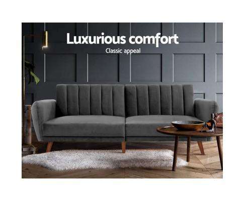 Sofa Bed Lounge 3 Seater Futon Couch Recline Chair Wooden 207cm Velvet - Dark rey Artiss