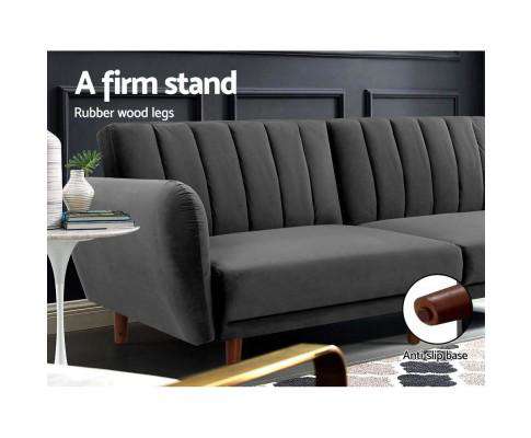 Sofa Bed Lounge 3 Seater Futon Couch Recline Chair Wooden 207cm Velvet - Dark rey Artiss