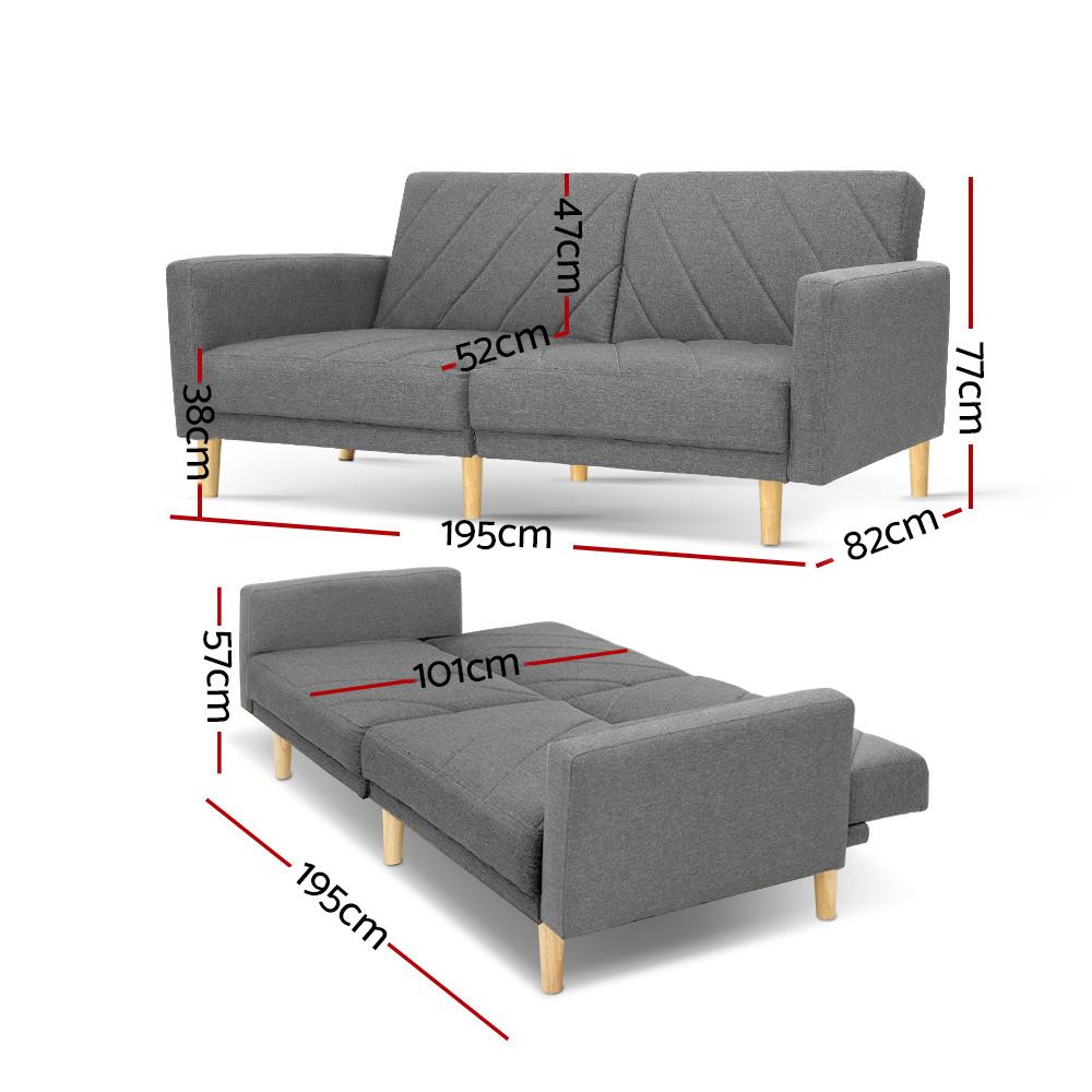 Sofa Bed Lounge 3 Seater Futon Couch Wood Furniture Grey Fabric 193cm Artiss