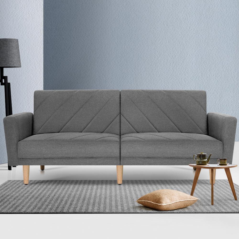 Sofa Bed Lounge 3 Seater Futon Couch Wood Furniture Grey Fabric 193cm Artiss