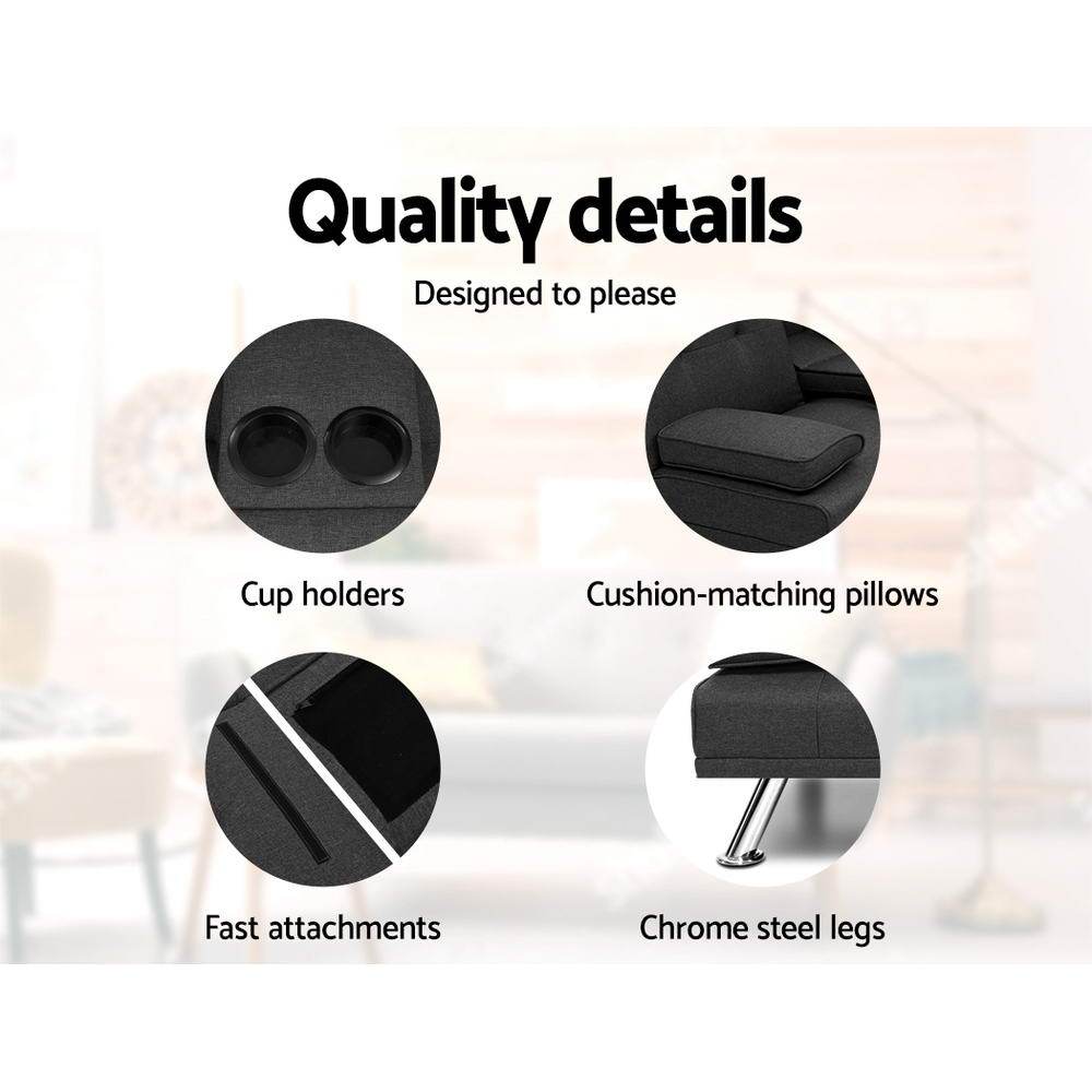 Linen Fabric 3 Seater Sofa Bed Recliner Lounge Couch Cup Holder Futon Dark Grey Artiss