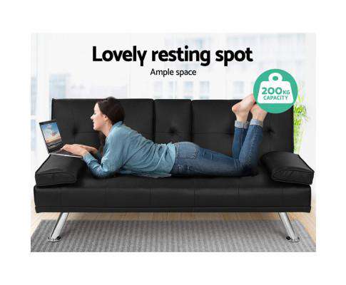 Sofa Bed Lounge Futon Couch 3 Seater Leather Cup Holder Recliner Artiss