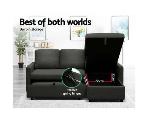 3 Seater Fabric Sofa Bed with Storage - Charcoal Artiss