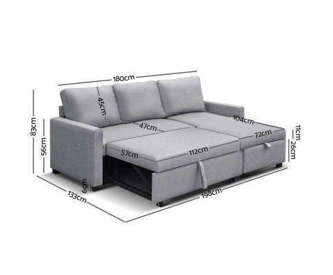3 Seater Fabric Sofa Bed with Storage - Grey Artiss