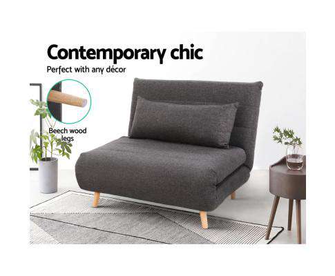 Sofa Bed Lounge King Single Seater Futon Couch Linen Fabric Wood Legs Dark Grey Artiss