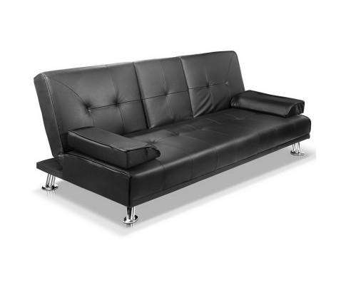 3 Seater PU Leather Sofa Bed - Black Artiss