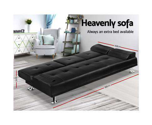 3 Seater PU Leather Sofa Bed - Black Artiss