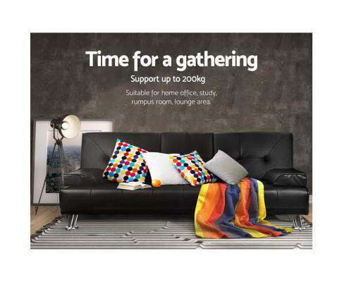 3 Seater PU Leather Sofa Bed - Black Artiss