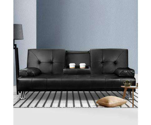 3 Seater PU Leather Sofa Bed - Black Artiss