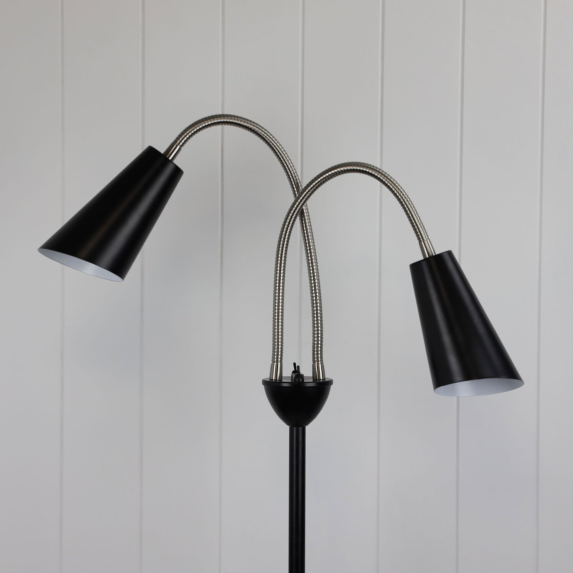 WALT Twin Flexible Neck Lamp Black with Brushed Chrome Oriel Lighting