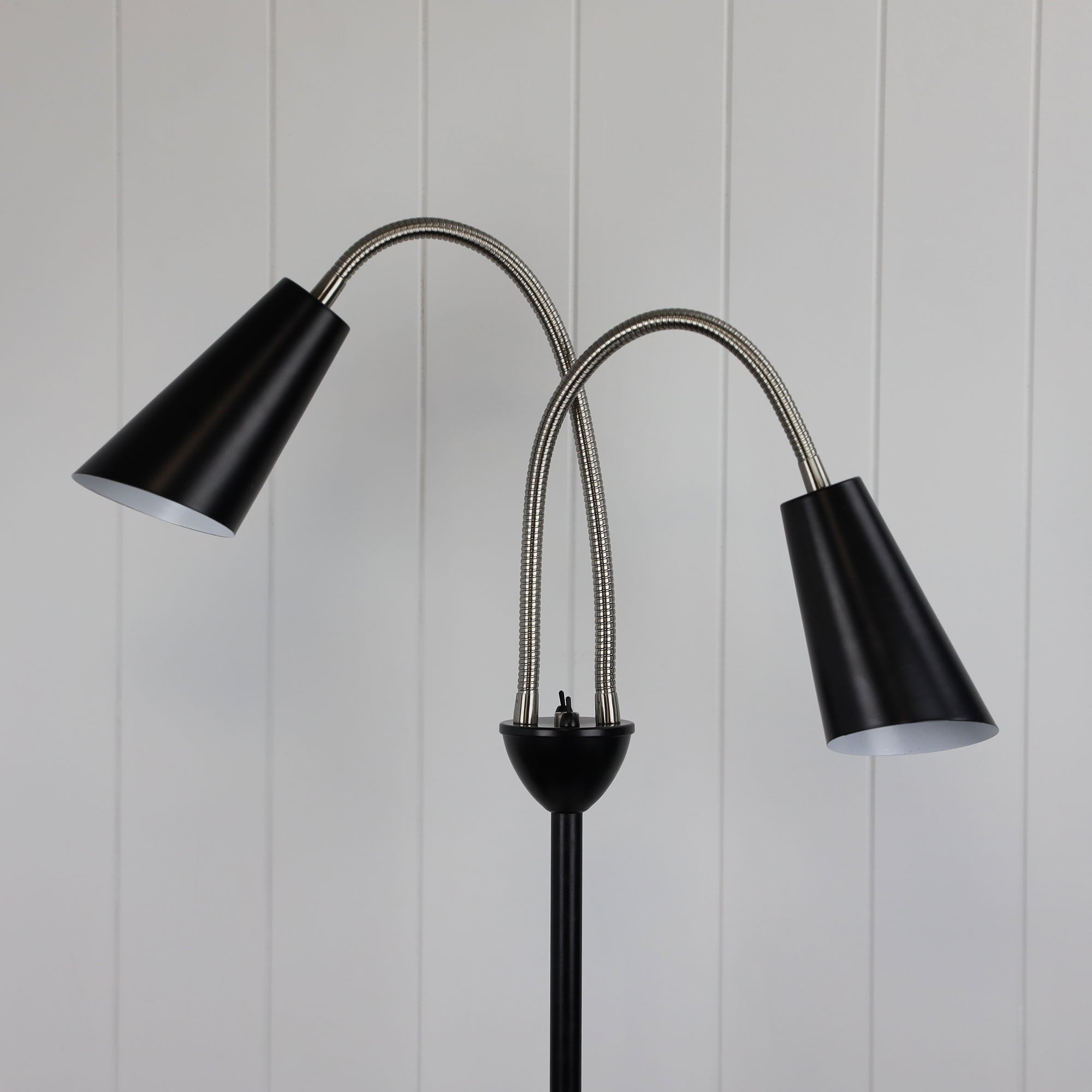 WALT Twin Flexible Neck Lamp Black with Brushed Chrome Oriel Lighting