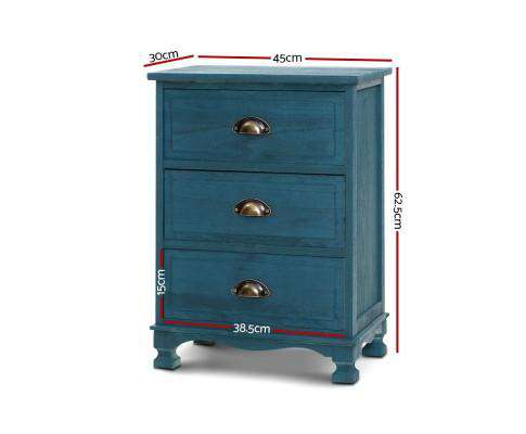 Three Drawer Bedside Table Vintage - Blue Artiss