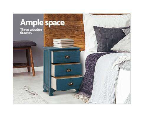Three Drawer Bedside Table Vintage - Blue Artiss