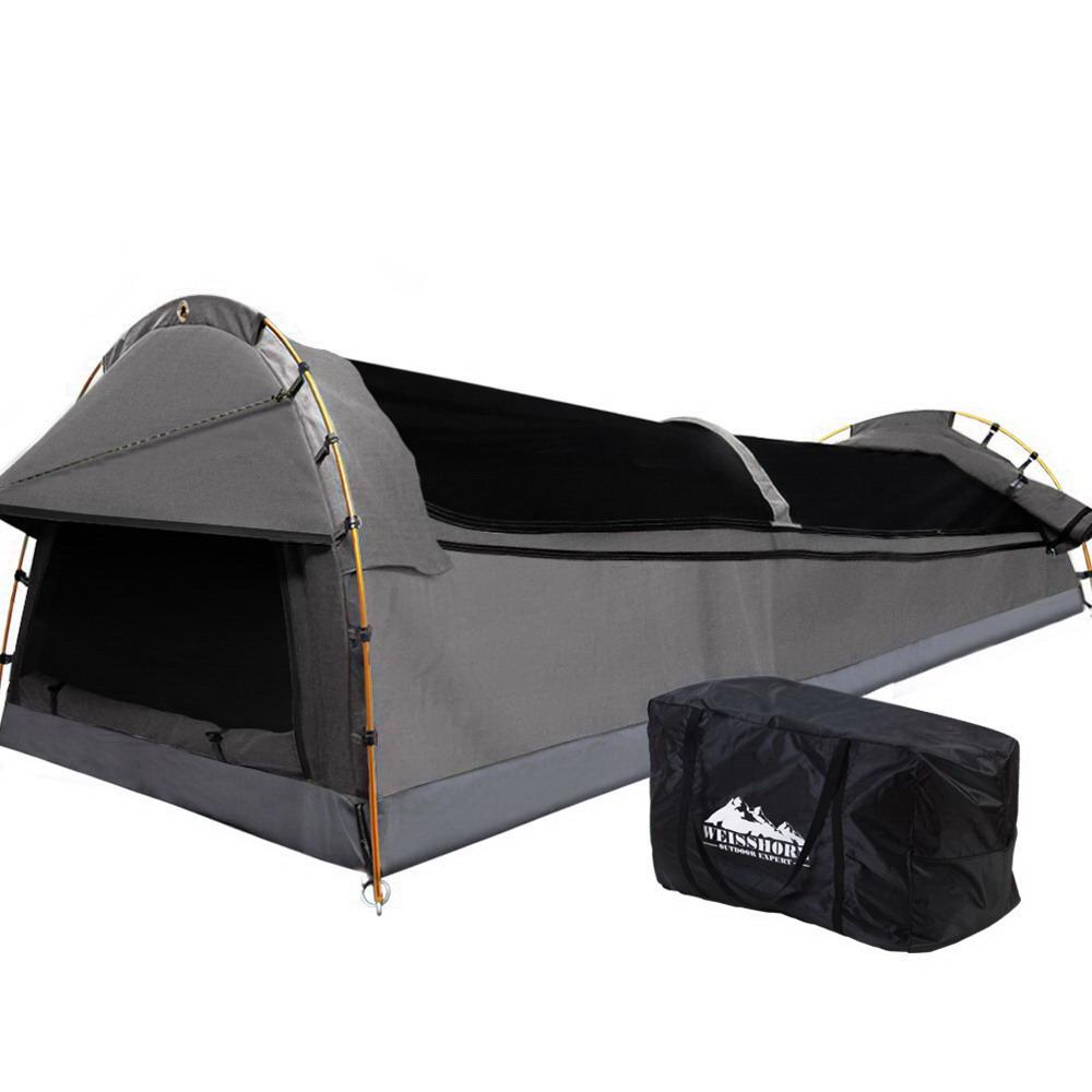 Double Swag Camping Swags Canvas Tent Deluxe Grey With Mattress Weisshorn